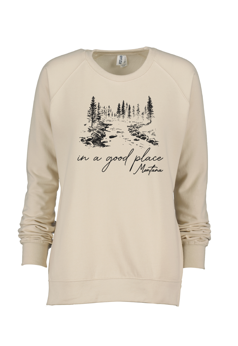 MT Brand Apparel - Wholesale Graphic Sweatshirt - Women's - In A Good Place 'Woodsy' Customizable Hi/Low Crew Pullover7