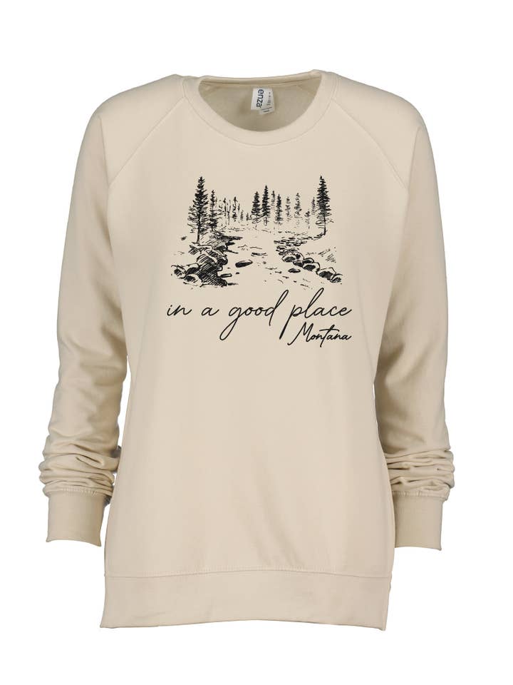 MT Brand Apparel - Wholesale Graphic Sweatshirt - Women's - In A Good Place 'Woodsy' Customizable Hi/Low Crew Pullover7