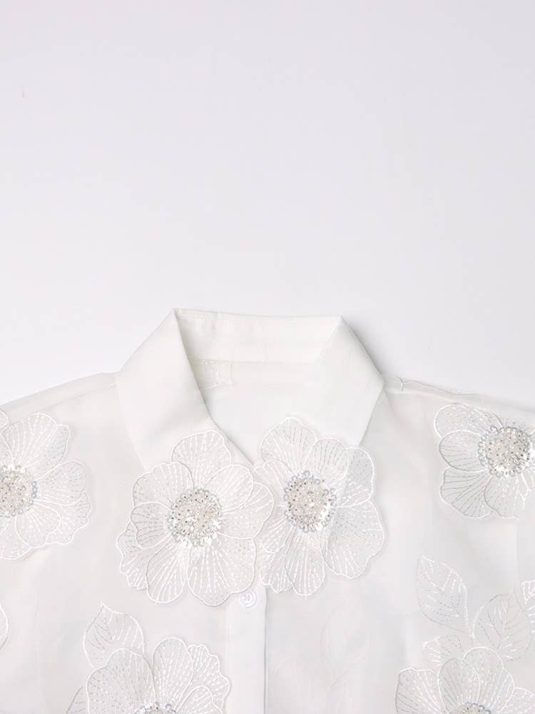 Productseeker - Vente Chemise à col boutonné – femme - Chemise en organza de luxe ST003 avec détails floraux en sequins 3D2