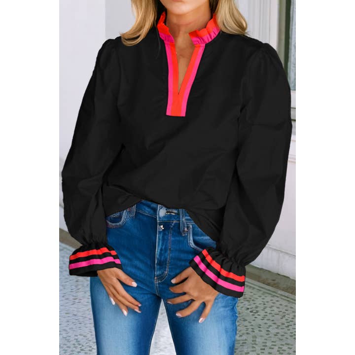 LDC Striped Trim Ruffle Split Neck Long Sleeve Blouse and other Purchase Wholesale silk top. Free Returns & Net 60 Terms on Faire trending on Faire.