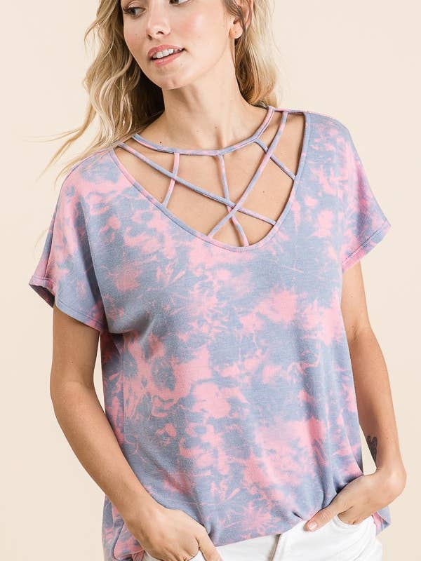 LMT1624-Hanna Tie Dye Criss Cross Knit Top for wholesale by lovely melody