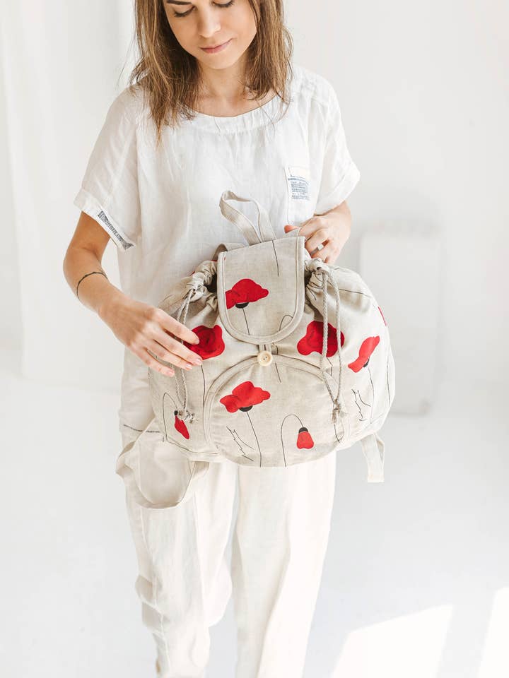 Zaino in lino • Zaino Boho da donna con coulisse POPPIES per la vendita all'ingrosso da parte di Sava Seasons