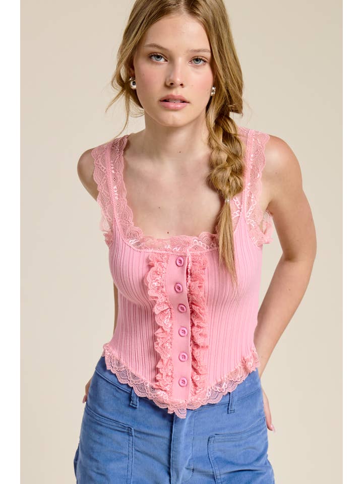 Mimosa - Wholesale Tank Top - Women's - Scalloped Lace Trim Corset-Bodice Knit Tank Top5