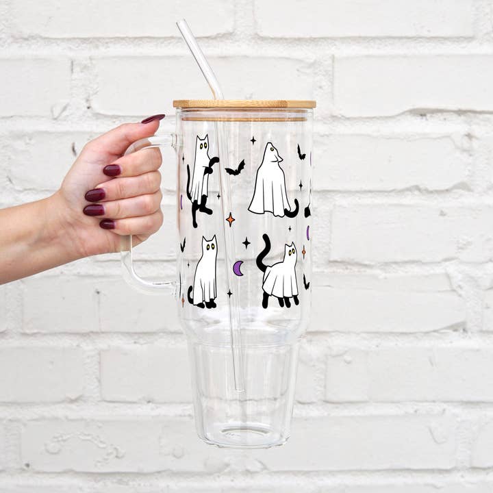 Halloween Black Ghost Cats 40oz Tumbler with Lid and Straw for wholesale by Sip-Sip Hooray!
