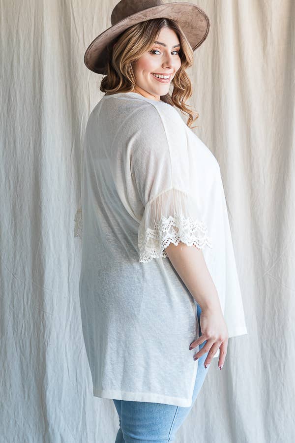 7th Ray – Engroshandel Cardigan - Dame – [PLUS SIZE] Cardigan til kvinder med blondeærmer til hverdagsbrug T4485XL21