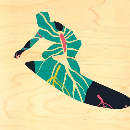 Blue Black Patterned Surfer Wood Postcard for wholesale by Hironwoods