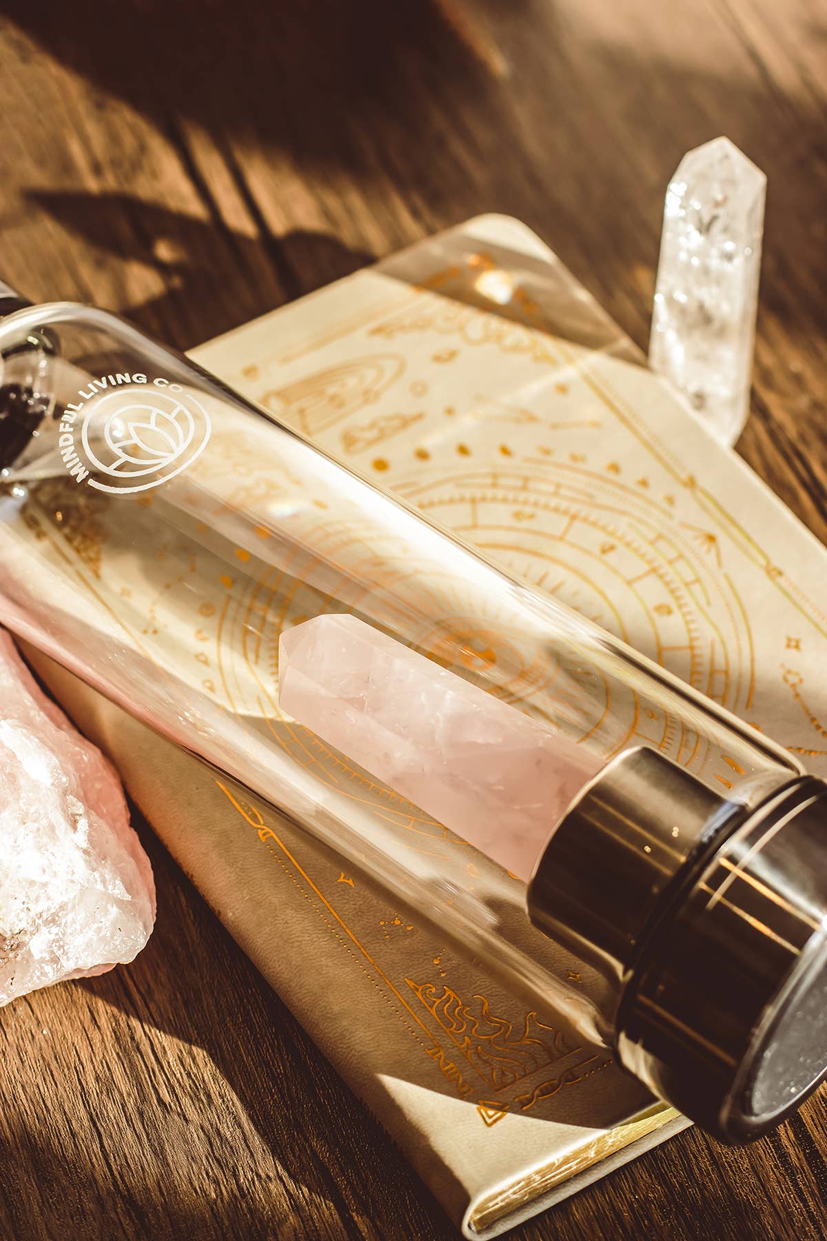 Mindful Living Co. - Wholesale Water Bottle - Crystal Infused Glass Water Bottle, Rose Quartz, Love & Calm1