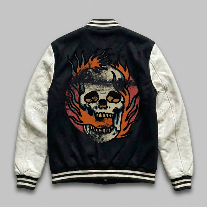Old-school varsity jacket burning skull for wholesale by Mary Cotton Couture