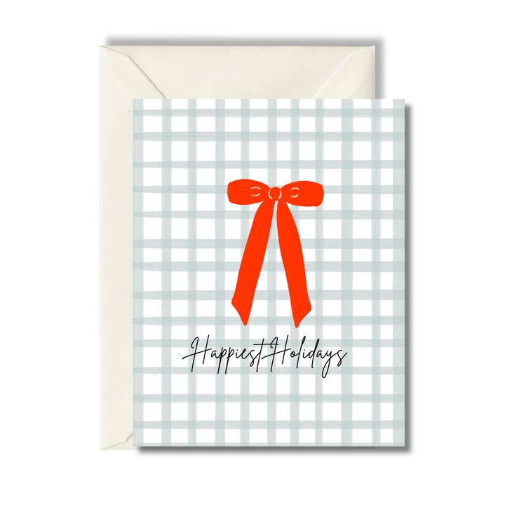 Happiest Holidays Red Bow Greeting Card for wholesale by Tiny Human Print Co.