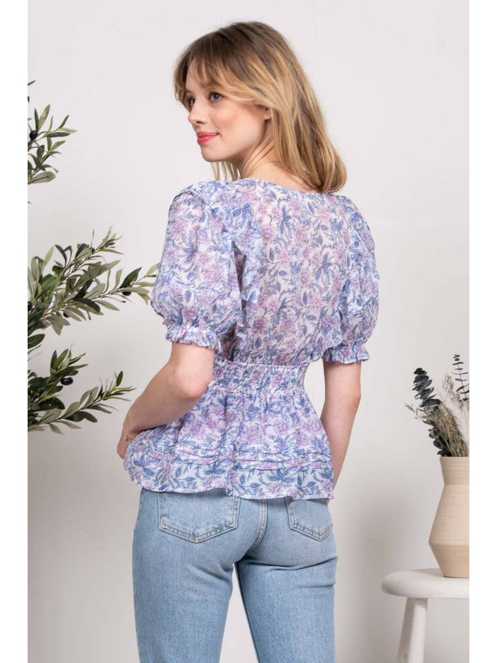 LILAC MULTI FLORAL PLEATED WOVEN TOP for wholesale on Faire