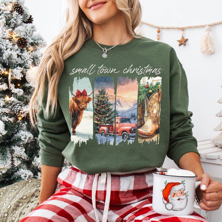 Small Town Christmas Sweatshirt, Highland Cow Christmas Tee for wholesale by NVC Ecommerce LLC