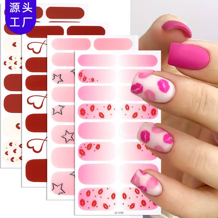 Valentine's Day Nail Stickers 16Pcs Pink Heart Lip Print for wholesale by MoodGold