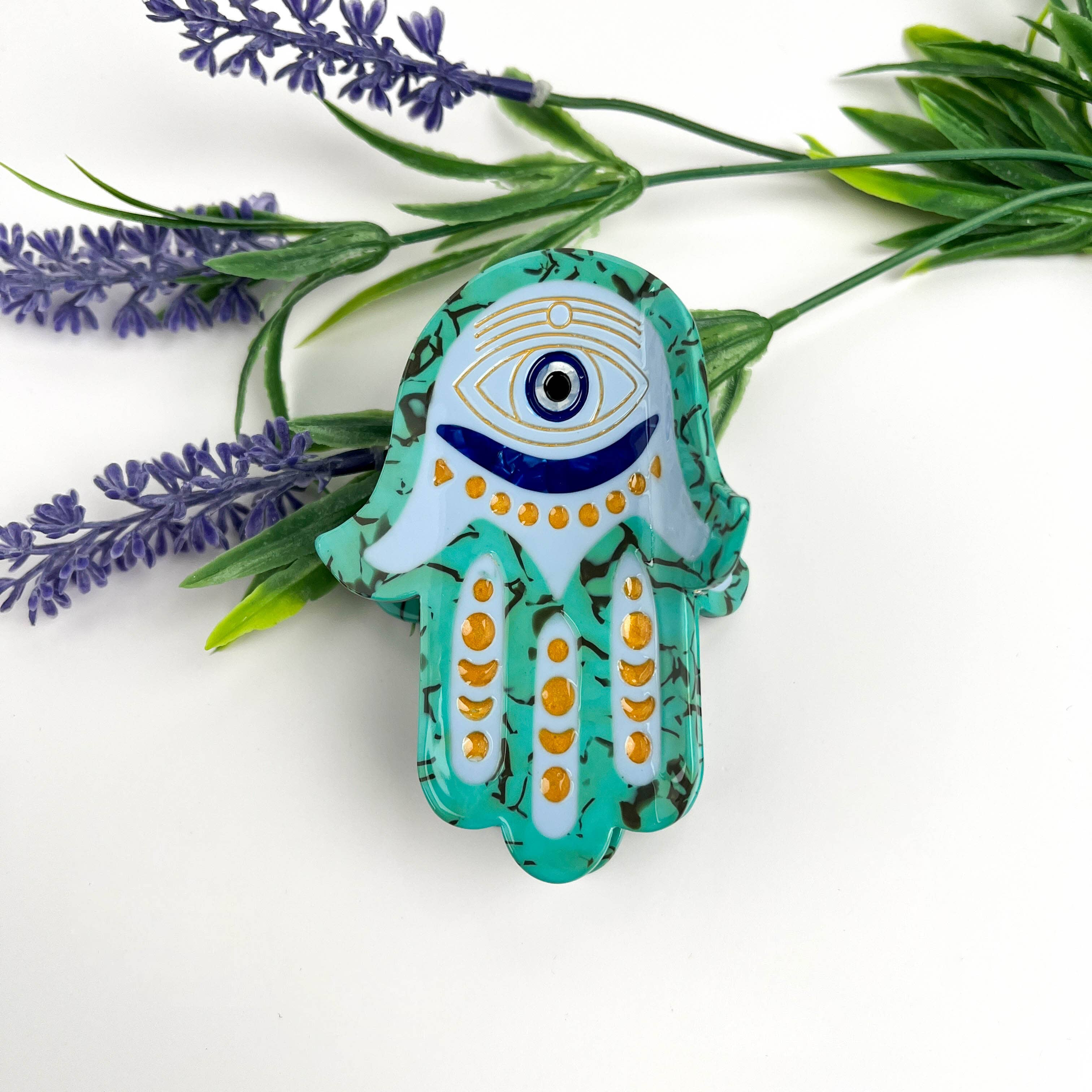 Green Neoclassical Buddha Hand Acetate Hair Claw Clip for wholesale on Faire3