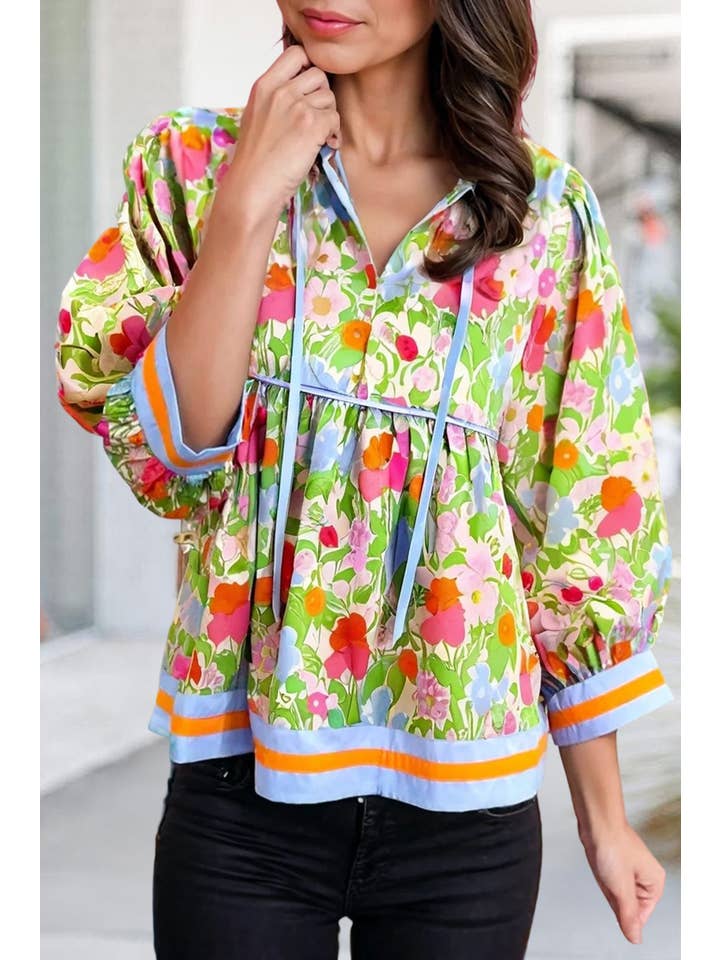 As shown Floral Print Colorblock Tie Neck 3/4 Sleeve Blouse | S-XL for wholesale on Faire