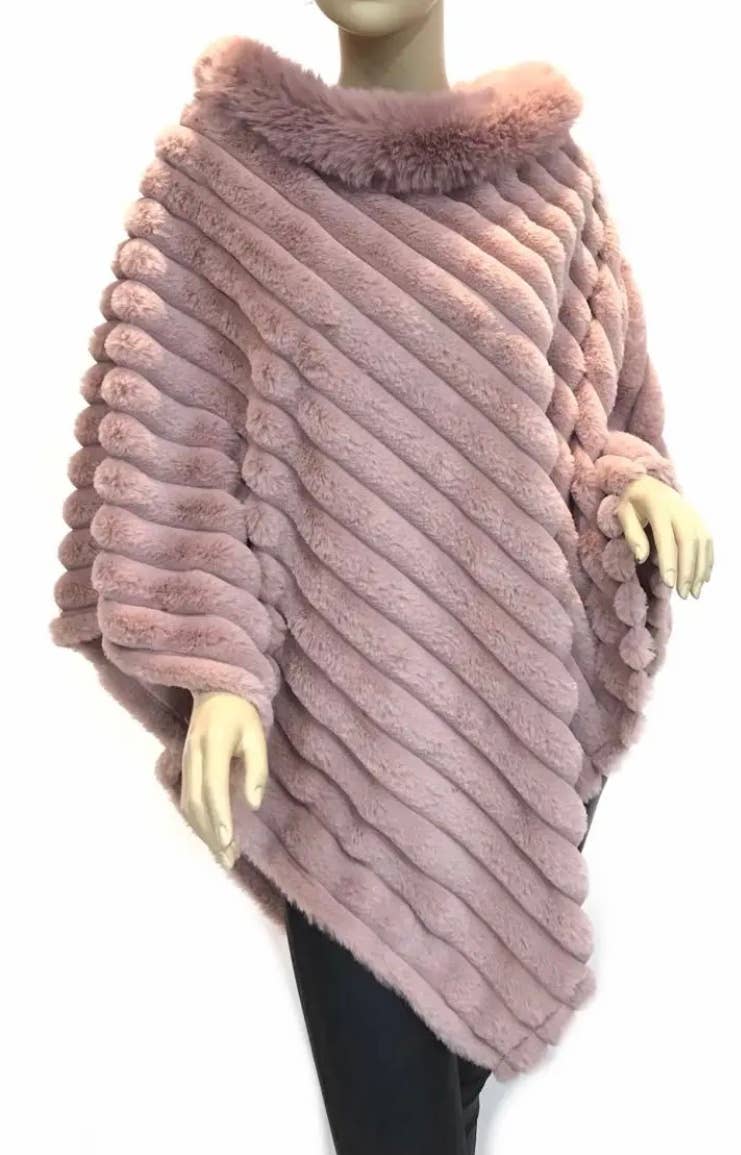 LOOWIE - Wholesale Poncho - Women's - 068 Luxurious Green Faux Fur Ribbed Poncho with Plush Collar5