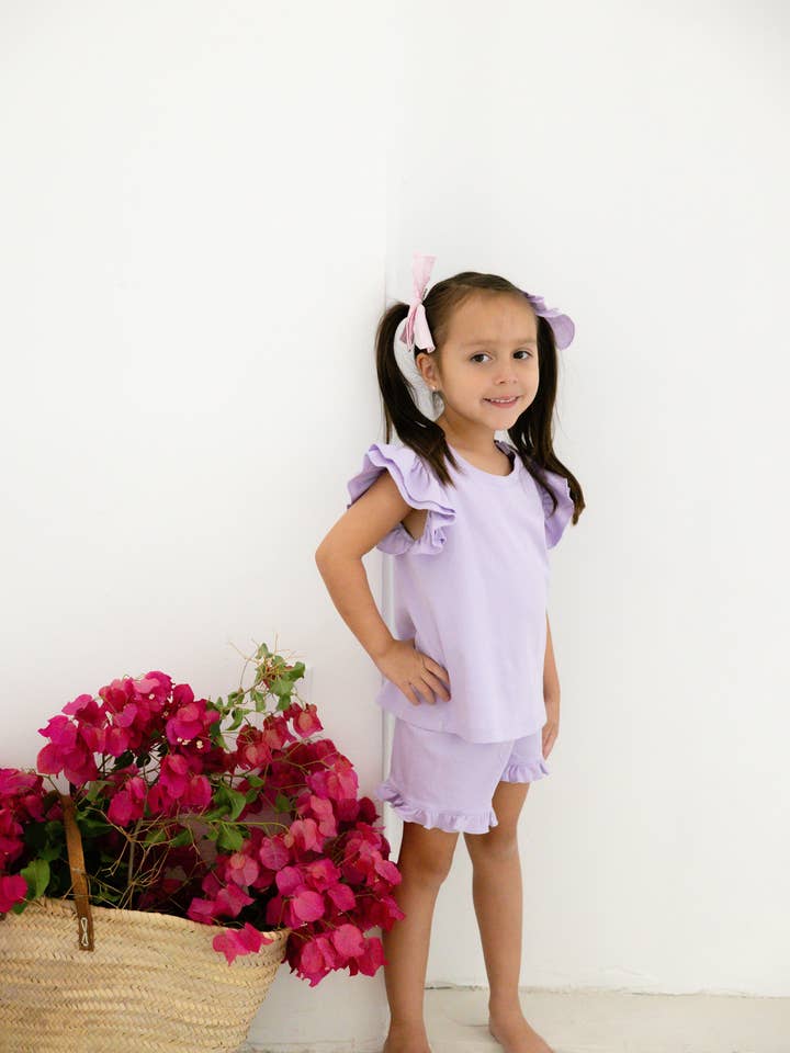 lavender ruffle short set for wholesale by Bianca & Bear