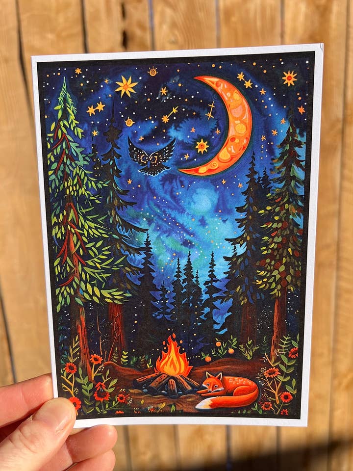 Fox Campfire Moon Greeting Card - Cozy Woodland Animal Blank for wholesale by Leafy Greeting Cards