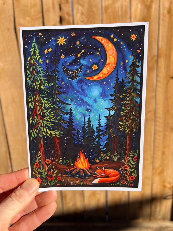 Fox Campfire Moon Greeting Card - Cozy Woodland Animal Blank for wholesale by Leafy Greeting Cards