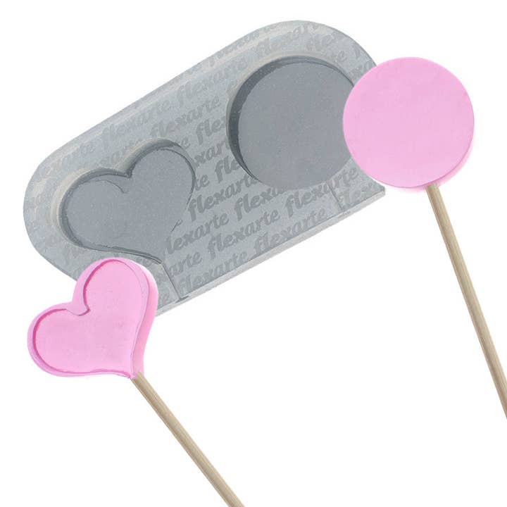 Stampo in silicone a 2 cavità Heart Lollipop + rotondo Ø 1,38" per la vendita all'ingrosso da parte di Flexarte USA
