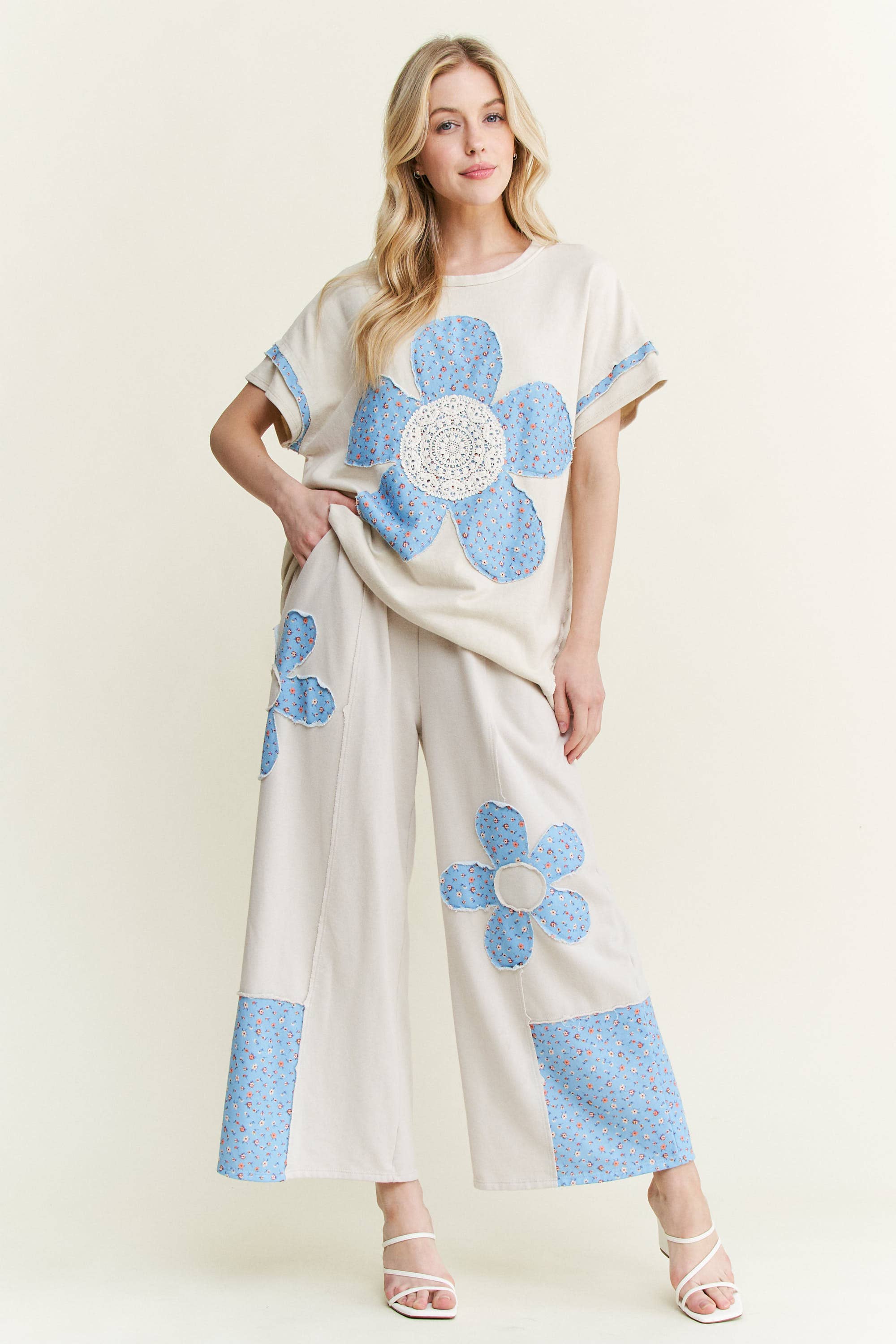 J.Her - Vente Pantalon – femme - Pantalon en molleton de coton avec patchs de fleurs HP651114