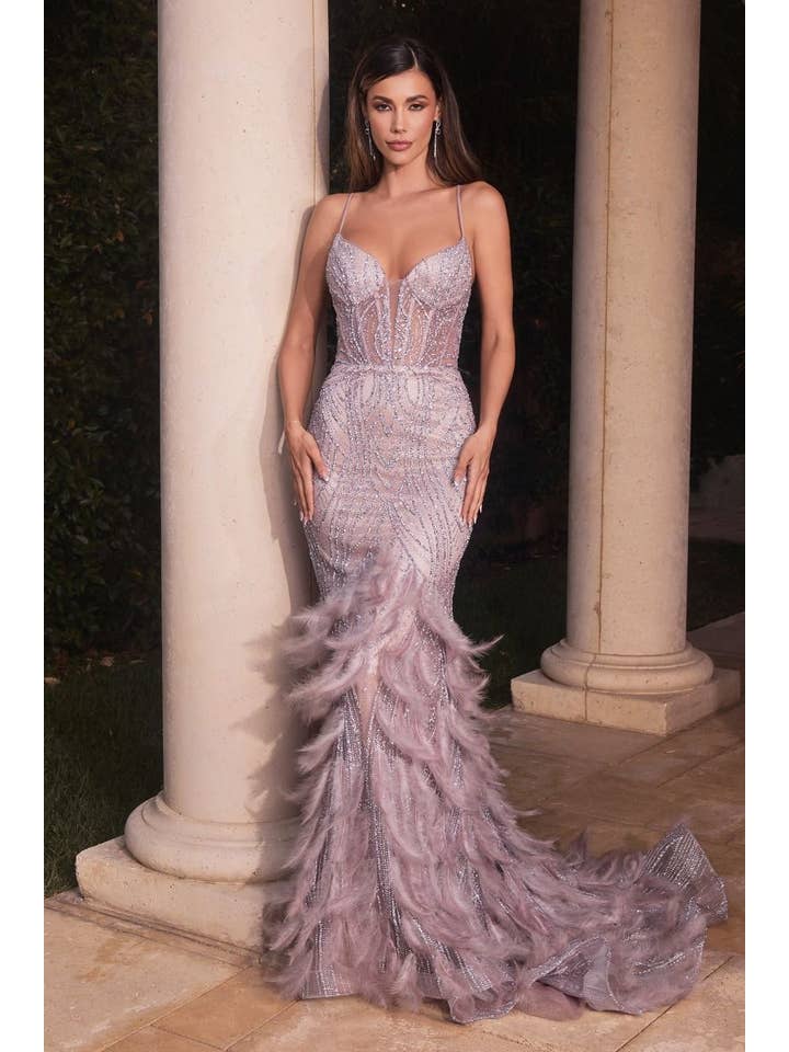 Tux-USA® - Wholesale Gown - Women's - Fully Embellished & Feathered Mermaid Gown