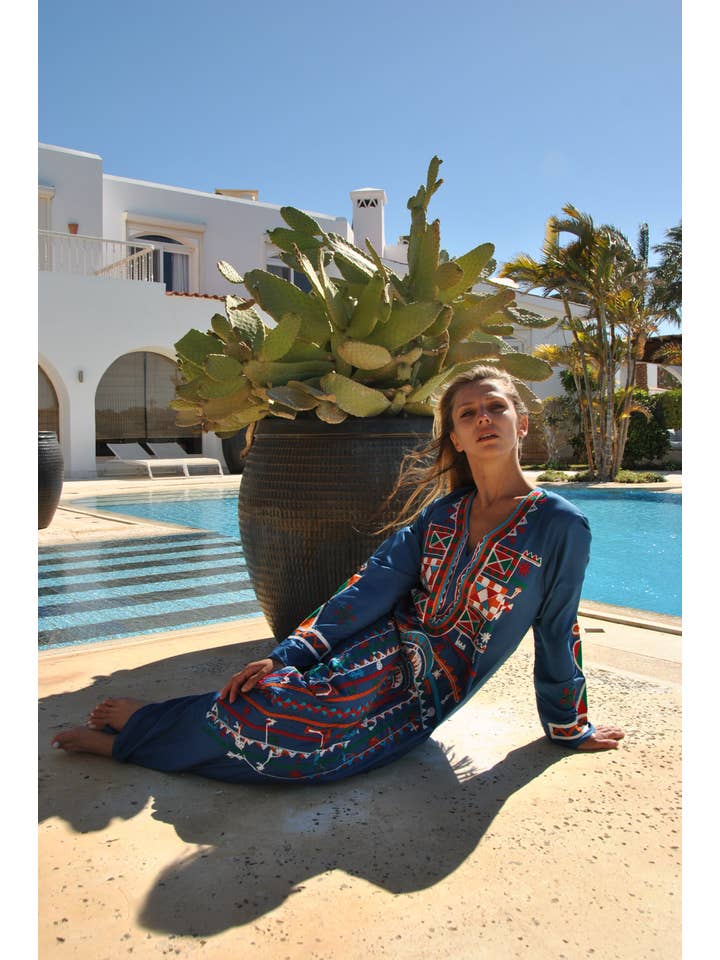 Gipci - Wholesale Kaftan - Women's - Siwa Blue Embroidered Cotton Caftan with Pocket