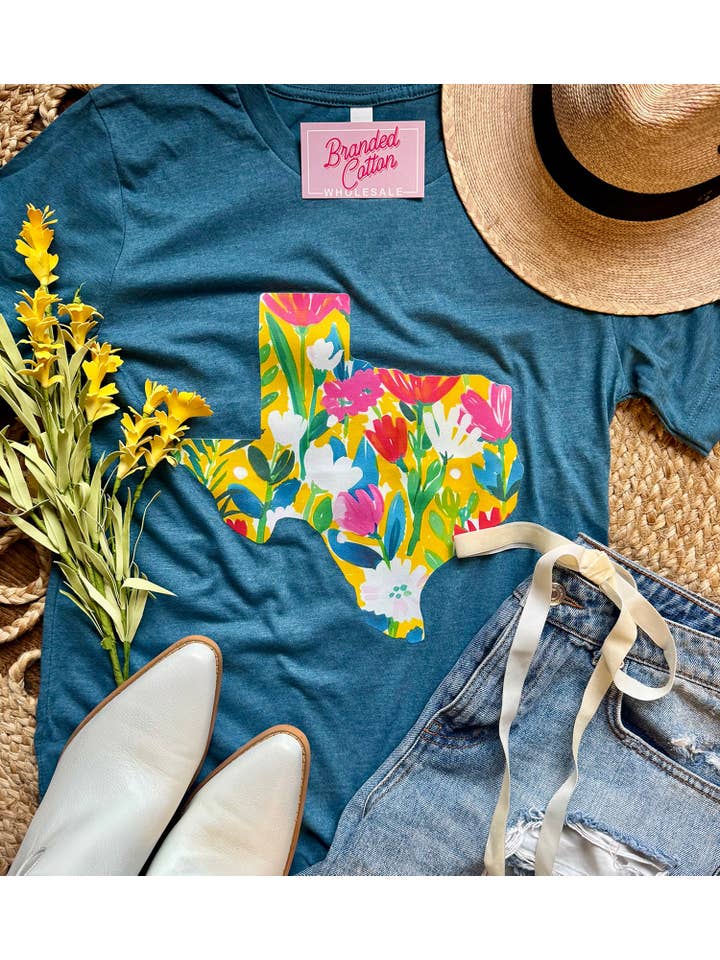 Branded Cotton - Wholesale Screen Printed T-Shirt - Women's - Yellow Floral Texas tee