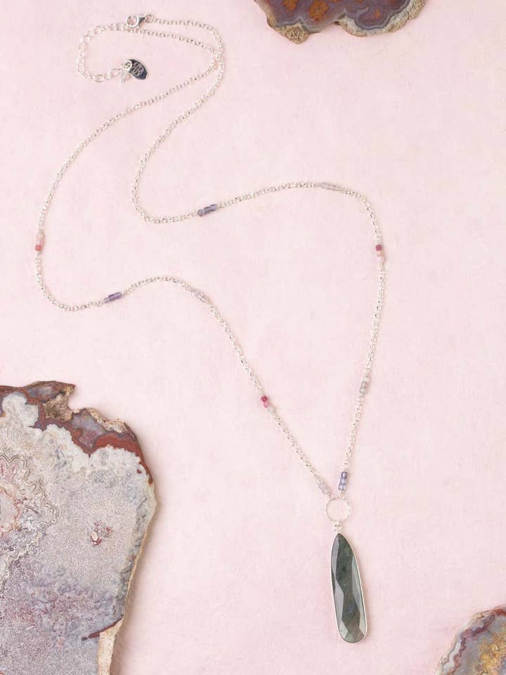 Celestial 26.5-28.5" Spinel With Labradorite Bezel Focal Statement Necklace for wholesale by Anne Vaughan Designs Jewelry