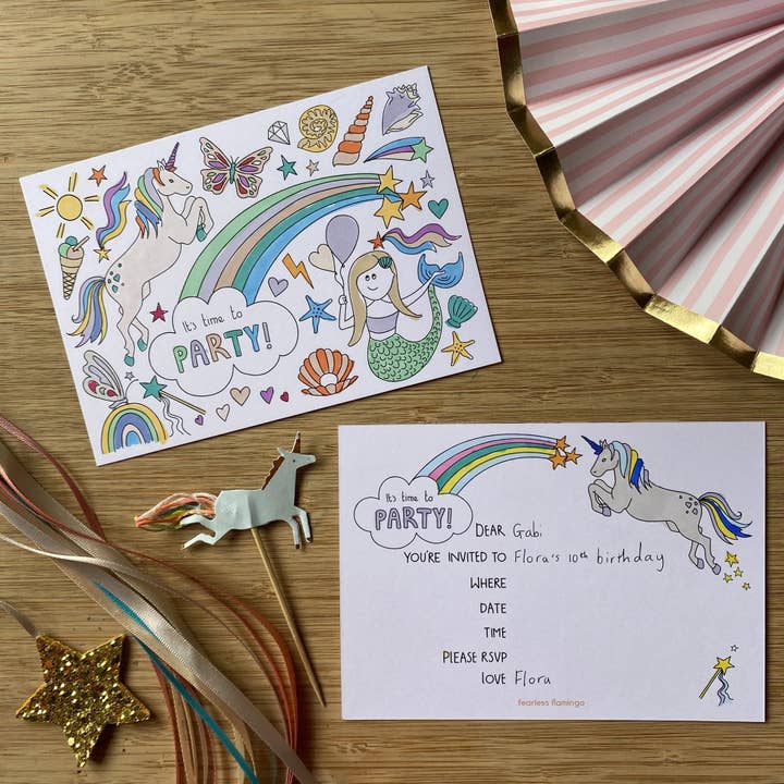 Ensemble d'invitations pour fête d'enfants | À colorier | Licorne & Sirène pour la vente par Fearless Flamingo