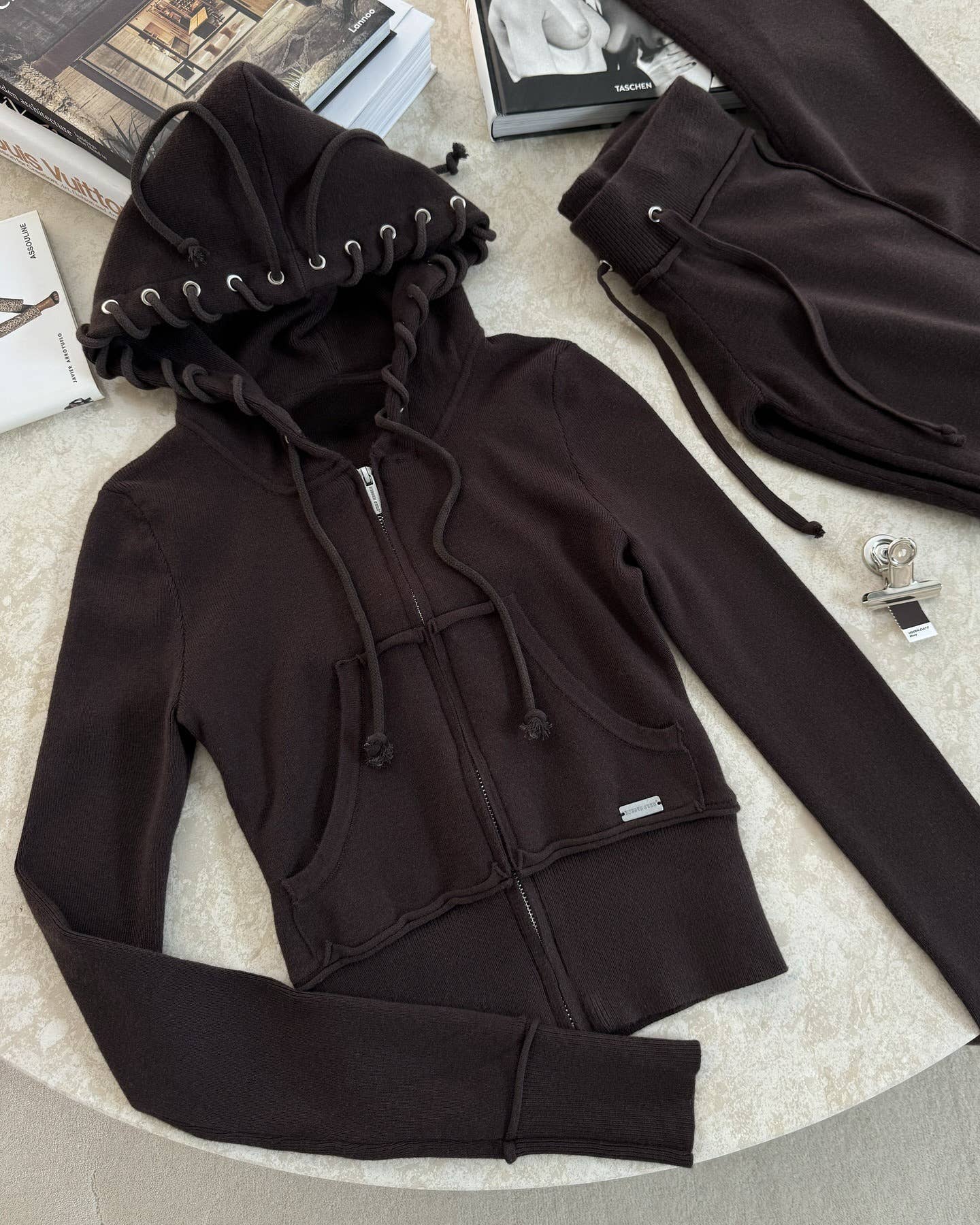 HIDDENBRAND - Wholesale Top & Pant Set (NOT Loungewear) - Women's - Y2k hooded crop zip jacket top & pants set0