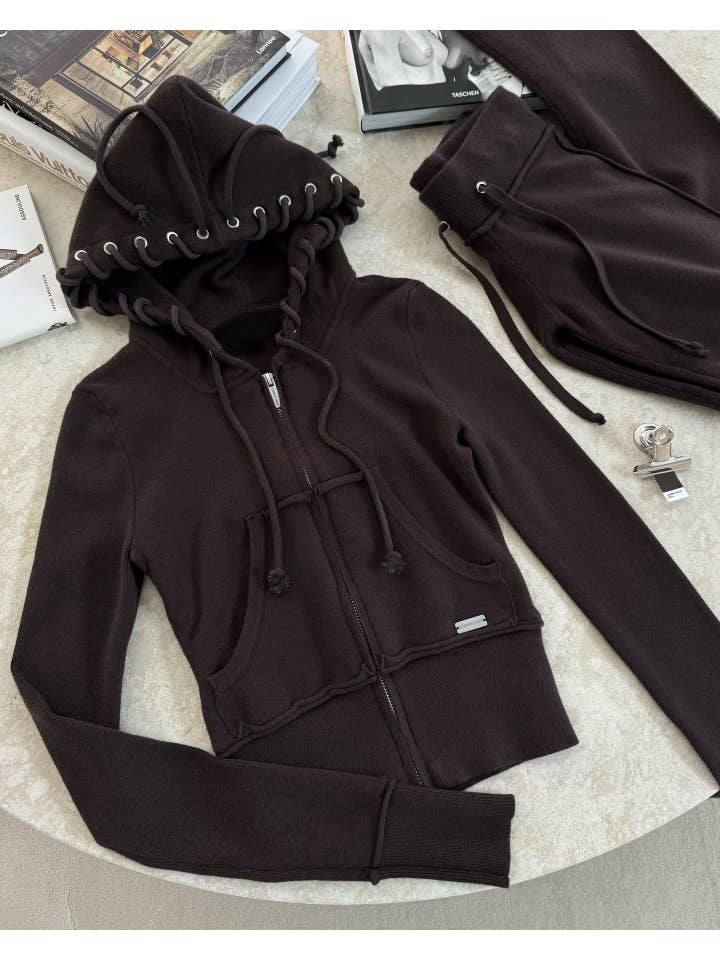 HIDDENBRAND - Wholesale Top & Pant Set (NOT Loungewear) - Women's - Y2k hooded crop zip jacket top & pants set