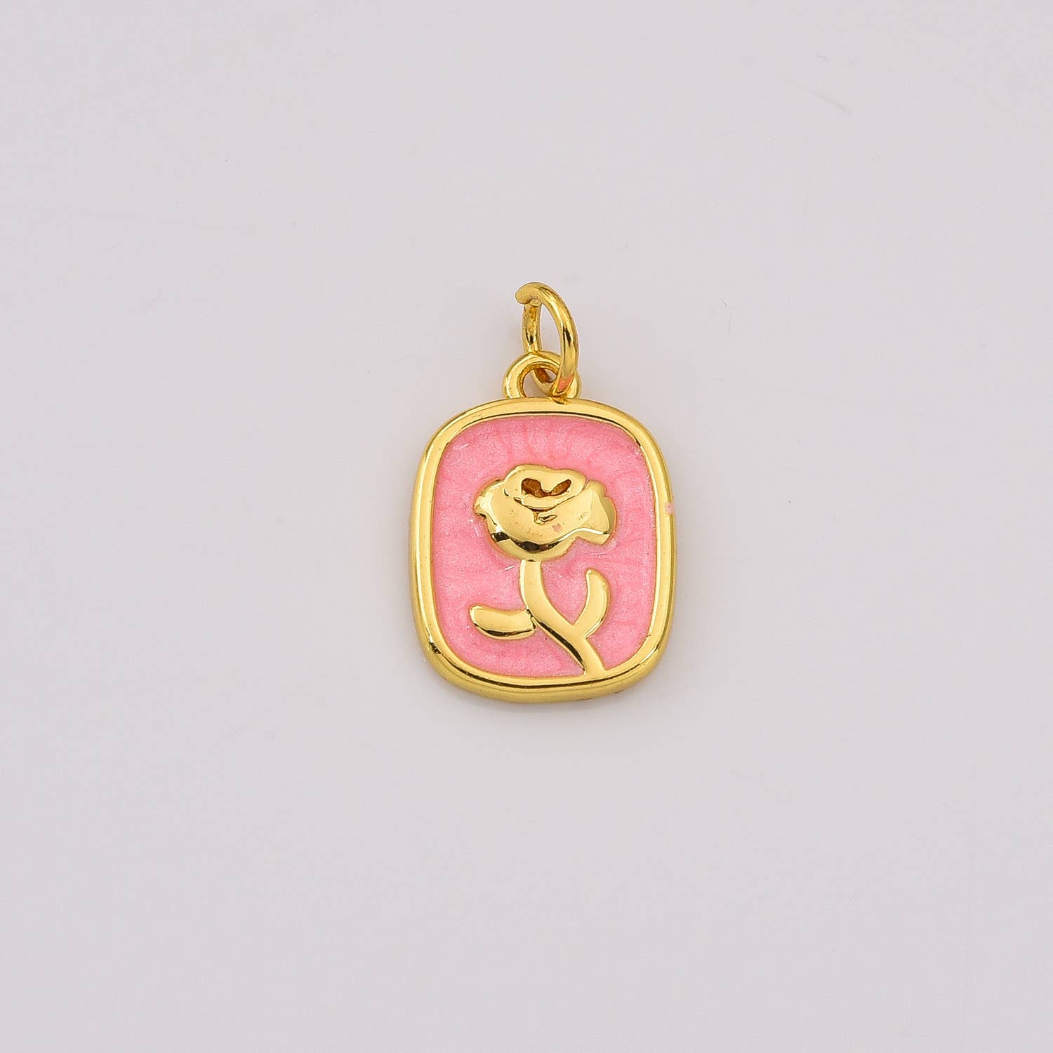 Beads Creation - Wholesale Individual Charm/Pendant - Pink Enamel Rose Floral Tag Charm in Gold Filled, CP22440