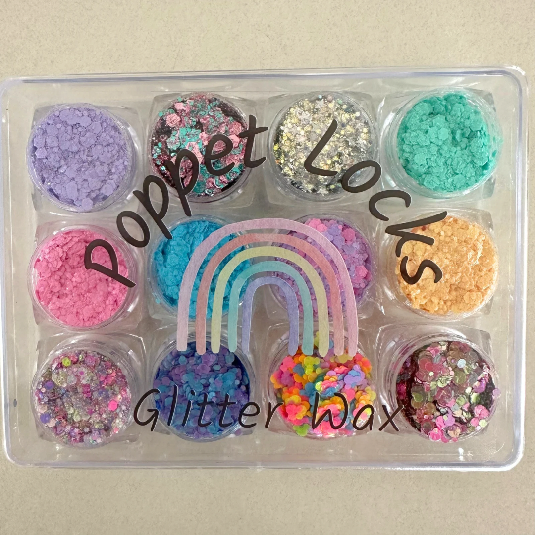 Poppet Locks – Glitter/shimmer por atacado – Conjunto de Ceras/Bálsamos Pastel Glitter - Pack de 12 cores2