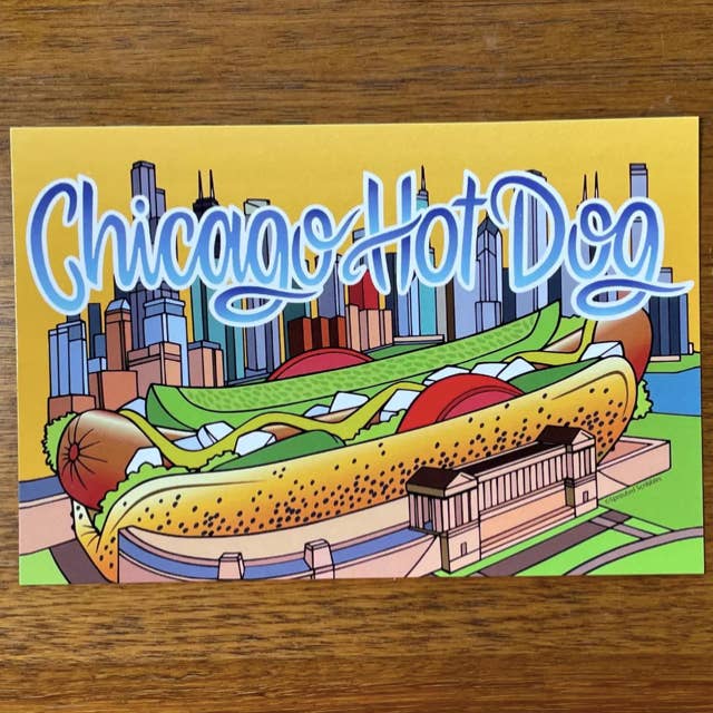Chicago Postcard | Hot Dog in Soldier Field with Skyline for wholesale by Sprouted Scribbles