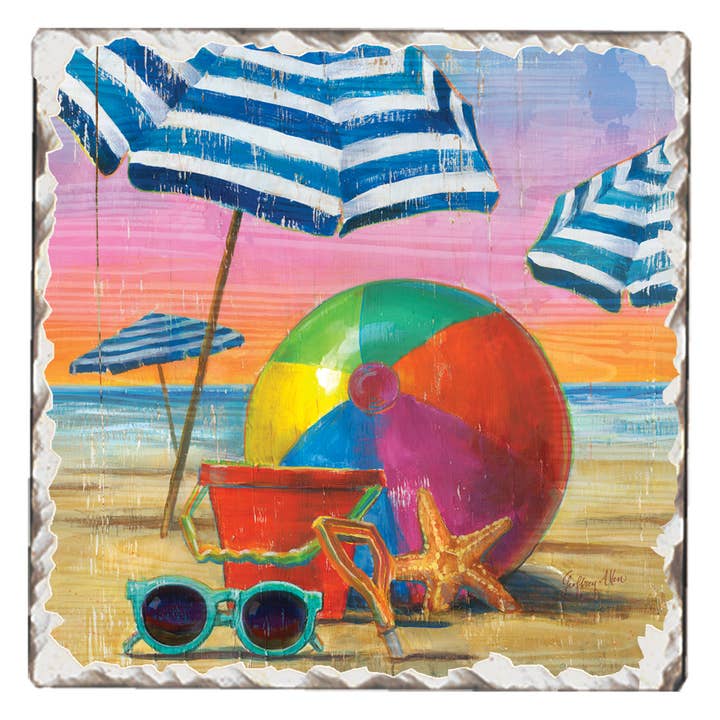 "Beach Ball" Single Tumbled Tile Coaster for wholesale by Conimar Promotions