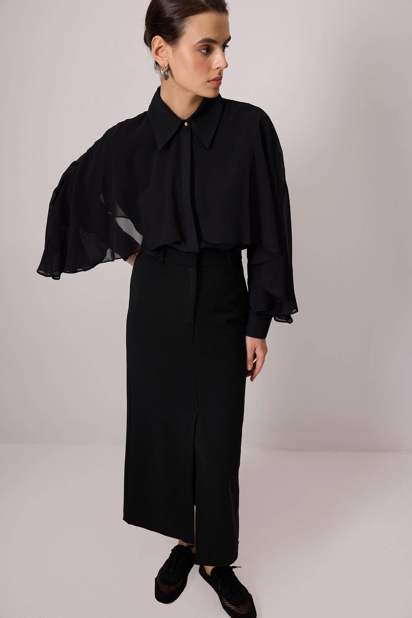 Black Poplin Shirt with Flowing Chiffon Cape Detail for wholesale on Faire5