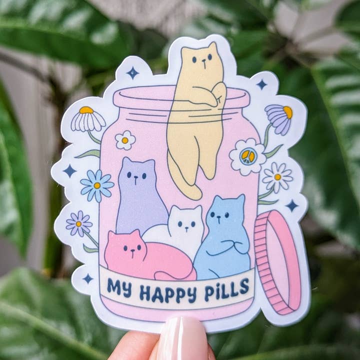 My happy pills vinyl sticker, cat lover sticker, animals for wholesale by Moonlit Creations