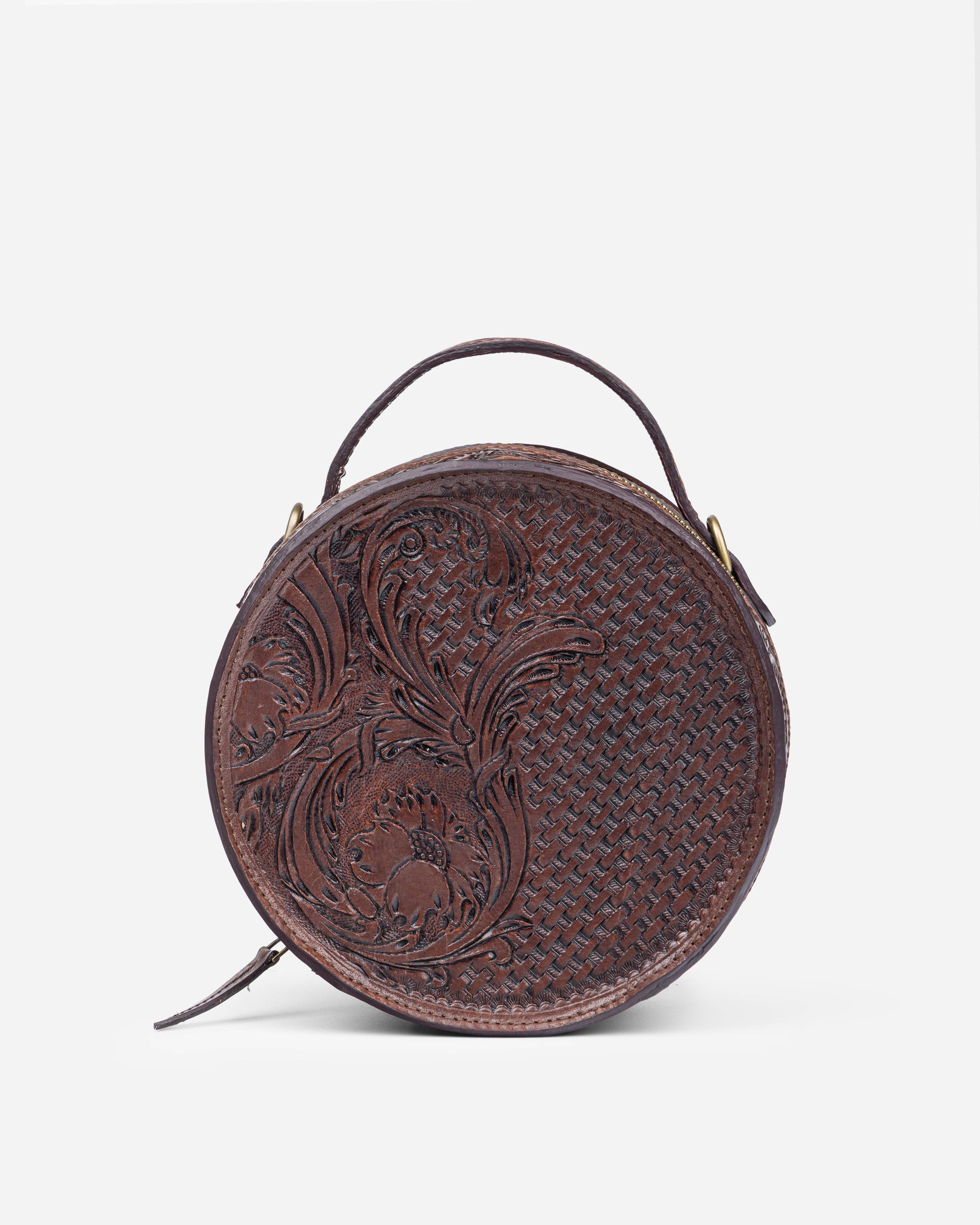 House of Kraft Jewelry & Accessories - Wholesale Top Handle Bag - Women's - Woven Petals Design | Brown Leather Bag | Round Bag14