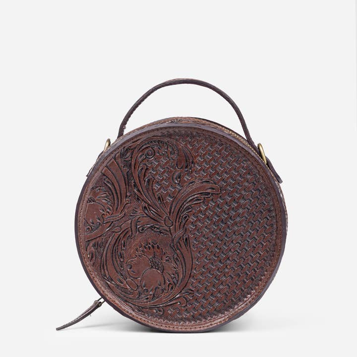 House of Kraft Jewelry & Accessories - Wholesale Top Handle Bag - Women's - Woven Petals Design | Brown Leather Bag | Round Bag14