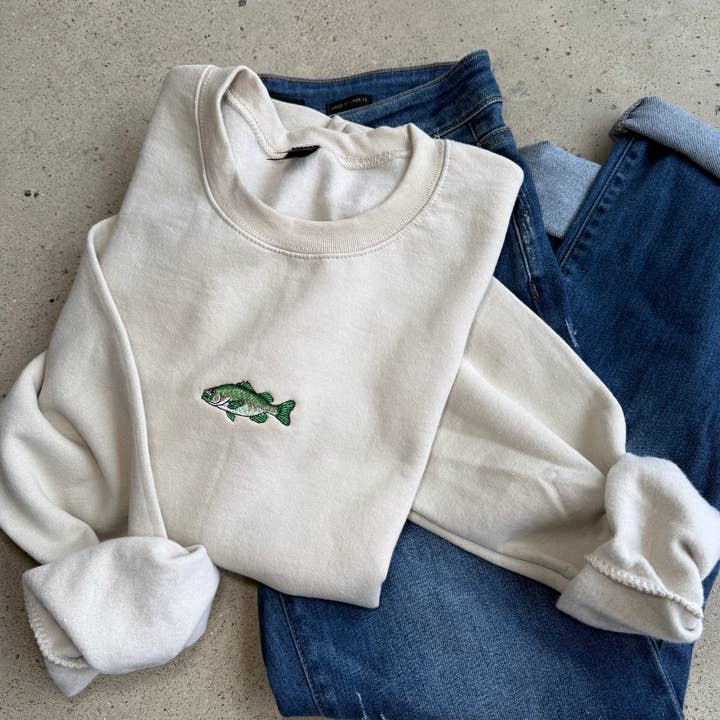 Dainty Bass fish embroidered crewneck. for wholesale by Basil & Burch