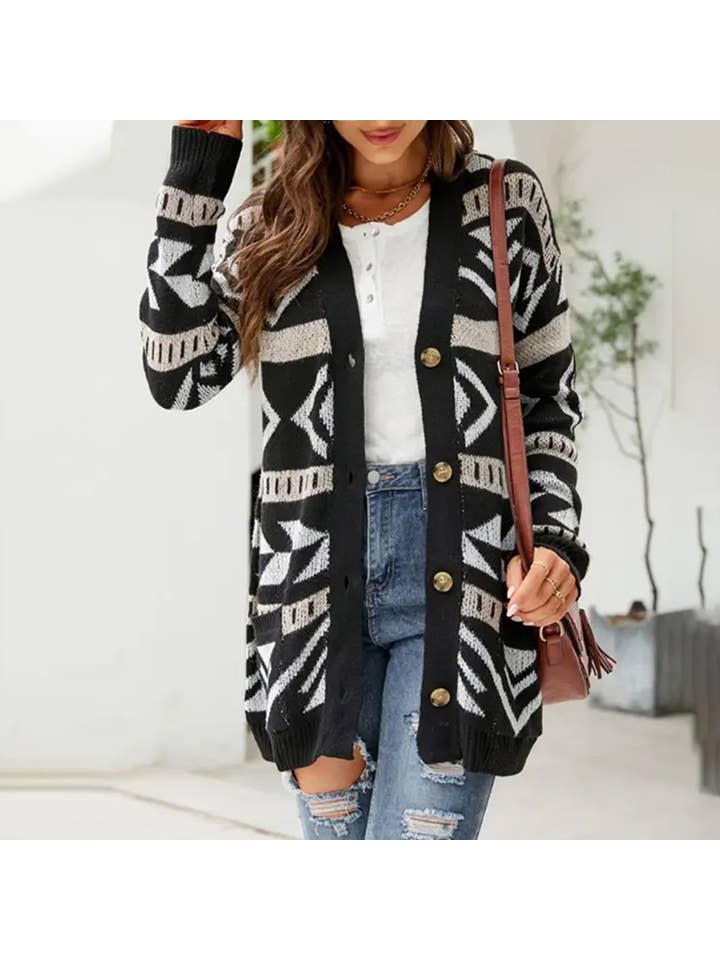 Lily Clothing - Wholesale Cardigan - Women's - WOMEN BOHEMIAN WESTERN AZTEC PATTERN CARDIGAN_CWOCAL0289