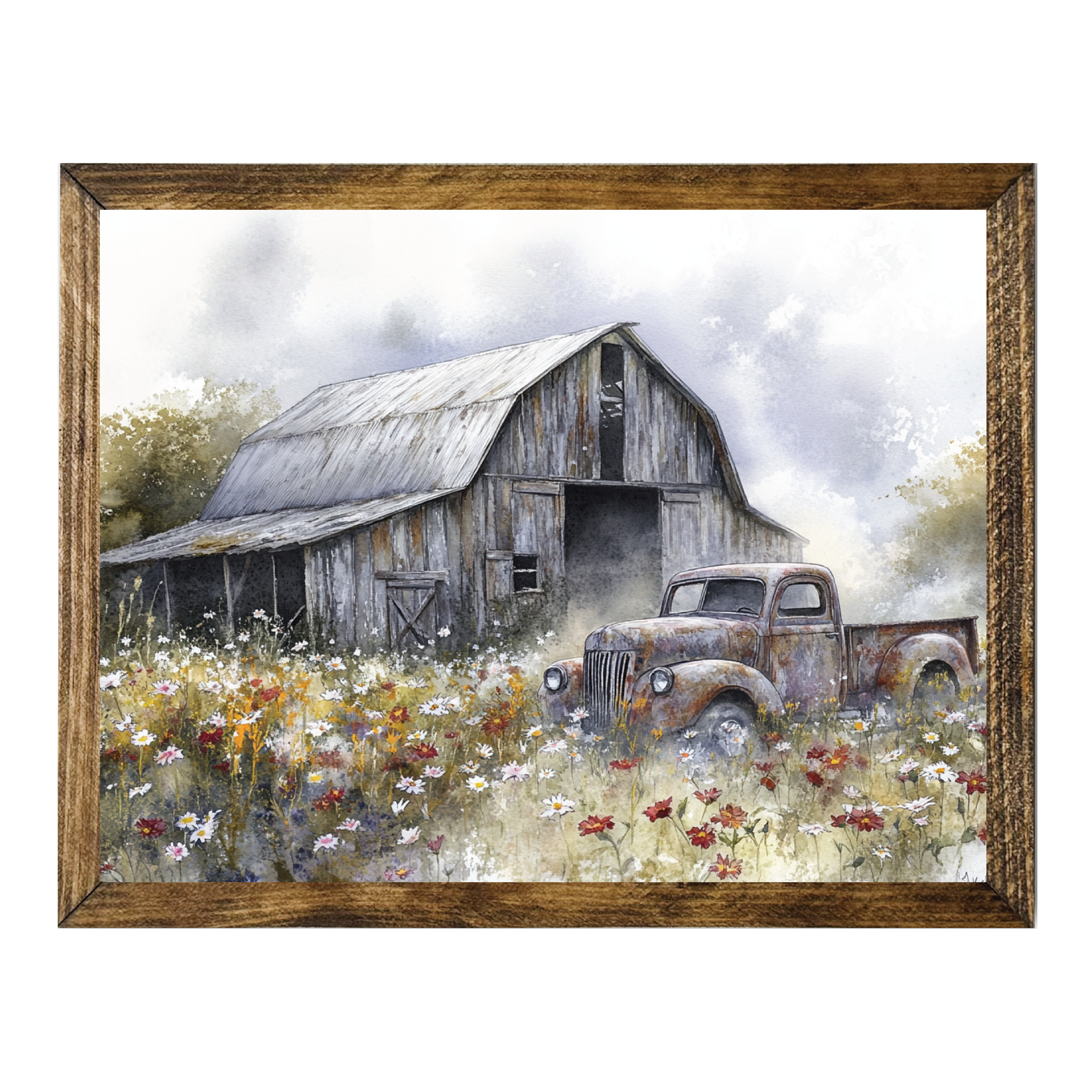Jarmz Designs - Wholesale Wall Sign - TIMBERLAND FRAME BARN AND VINTAGE TRUCK IN WILDFLOWER FIELD0