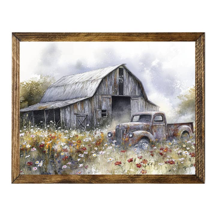 Jarmz Designs - Wholesale Wall Sign - TIMBERLAND FRAME BARN AND VINTAGE TRUCK IN WILDFLOWER FIELD