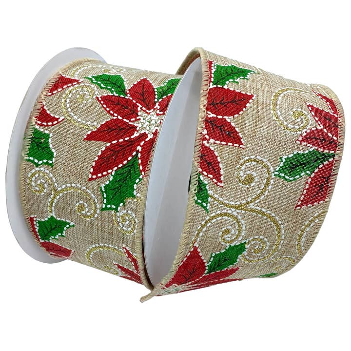 Morex Ribbon - Wholesale Ribbon - Gift Wrapping - #7824 Poinsettia Linen (wired) Ribbon