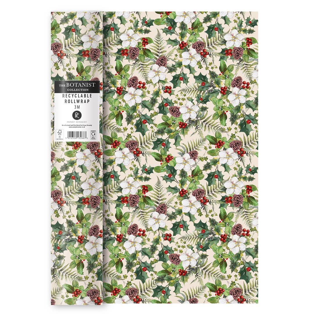 Penny Kennedy Ltd – wholesale Wrapping paper roll – Christmas Wrapping Paper Gift Holly Berries Floral Green3