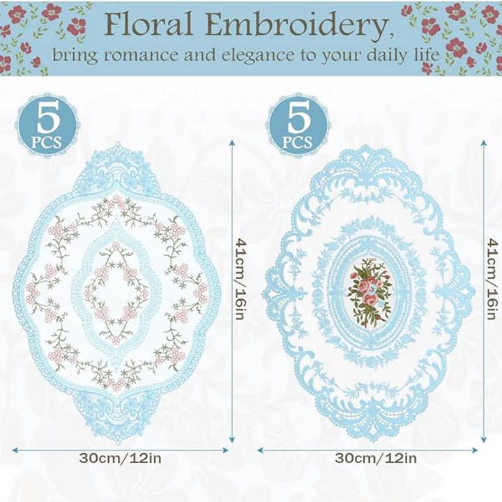 Handmade Embroidered Oval Doily 12x16" Powder Blue for wholesale by Dannagirl’s Designs