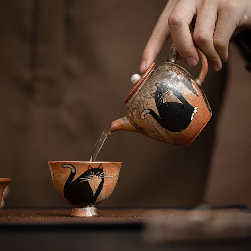 Gohobi （We cover U.S. import duties） - Wholesale Tea Pot - Gohobi Handmade Black Ink Hand-painted Cat Teapot 00214