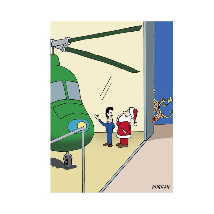 Ingénieur du système de livraison du Père Noël en hélicoptère Carte de Noël pour la vente par Duggoons Greeting Cards