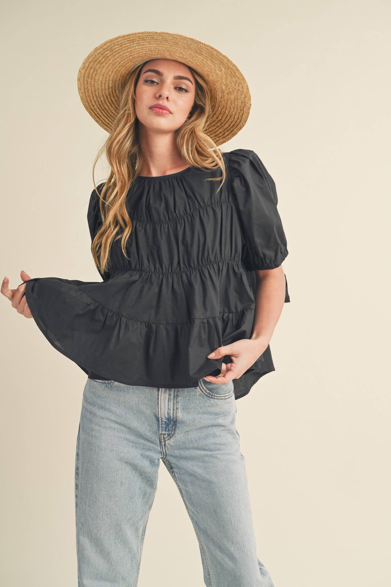 &MERCI - Wholesale Blouse - Women's - TIERED SHIRRING PUFF SLEEVE TOP MTP308157