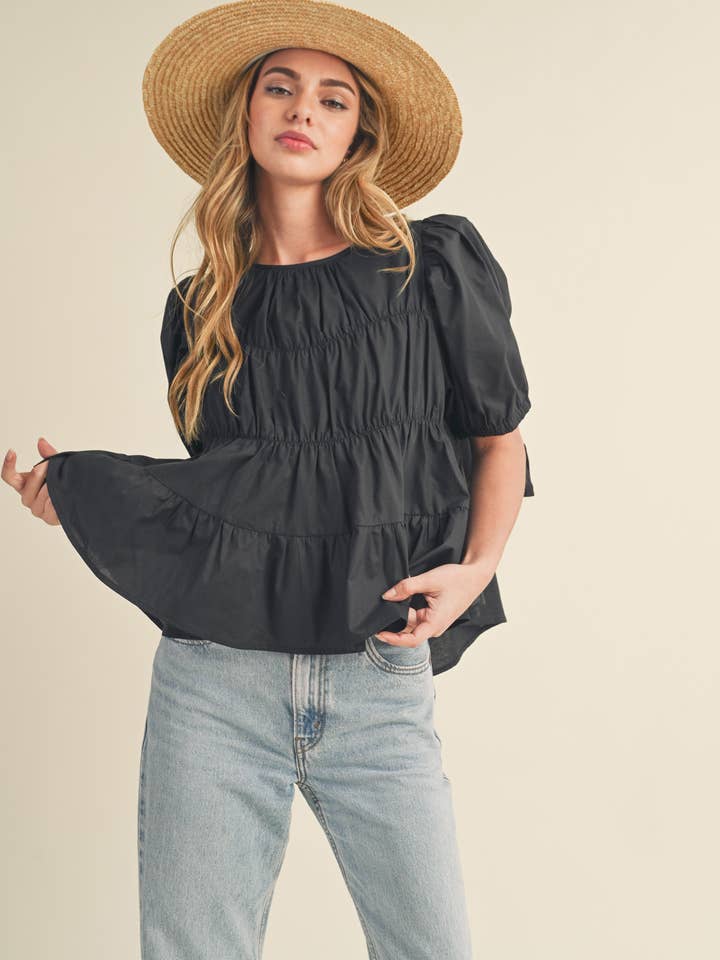 &MERCI - Wholesale Blouse - Women's - TIERED SHIRRING PUFF SLEEVE TOP MTP308157